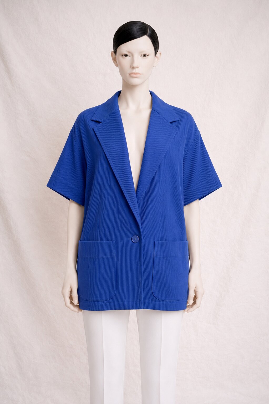 Veste Vintage Authentique Yves Saint Laurent Variation en Coton Texturé Bleu Cobalt Grande Taille