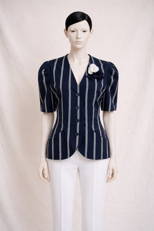 Summer Blazer Pierre Balmain Paris in vintage navy cotton with puffed sleeves
