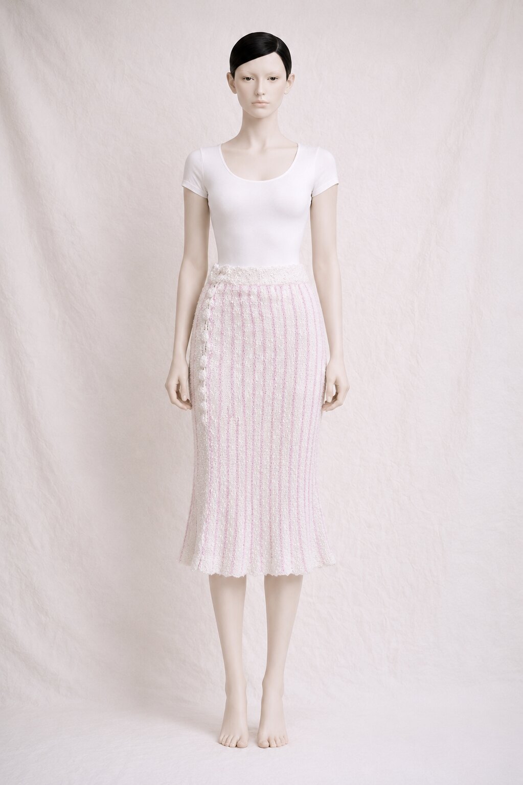 Jupe Vintage Authentique Louis Féraud Paris en Maille Rayée Rose et Blanche