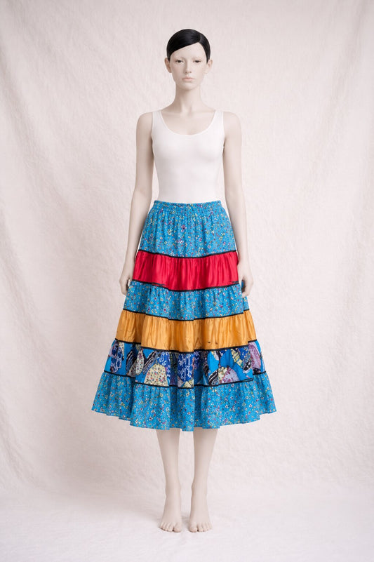 Authentic Blue Patchwork Long Skirt Chacok Paris Vintage