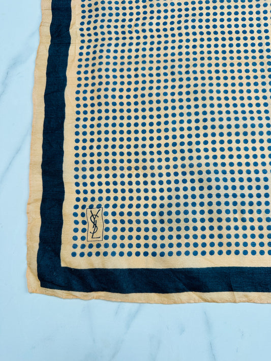 Authentic Yves Saint Laurent Silk Scarf in Beige with Blue Polka Dots Vintage