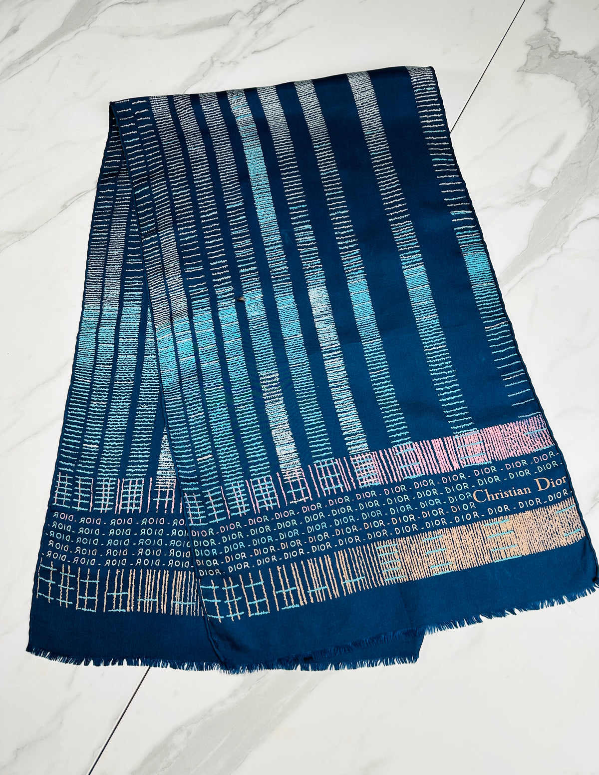 Foulard Christian Dior Authentique en Soie Vintage Bleu et Beige