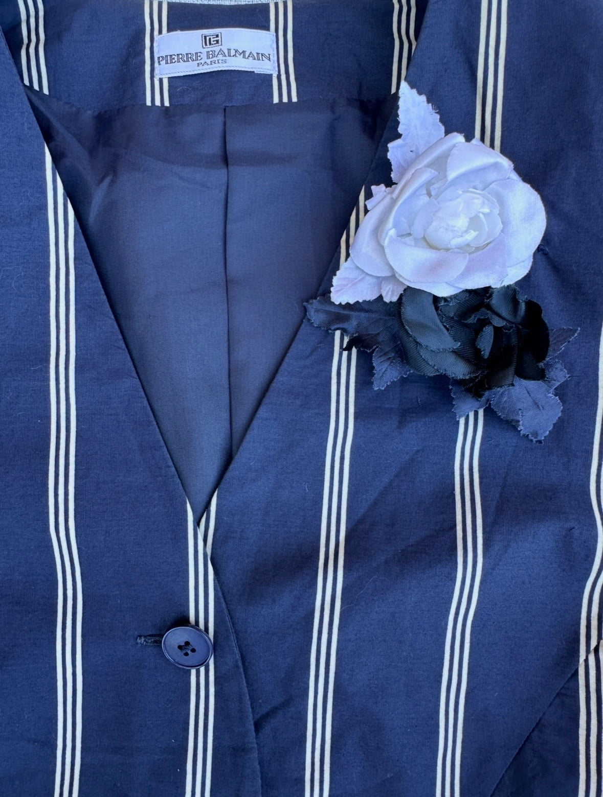 Summer Blazer Pierre Balmain Paris in vintage navy cotton with puffed sleeves