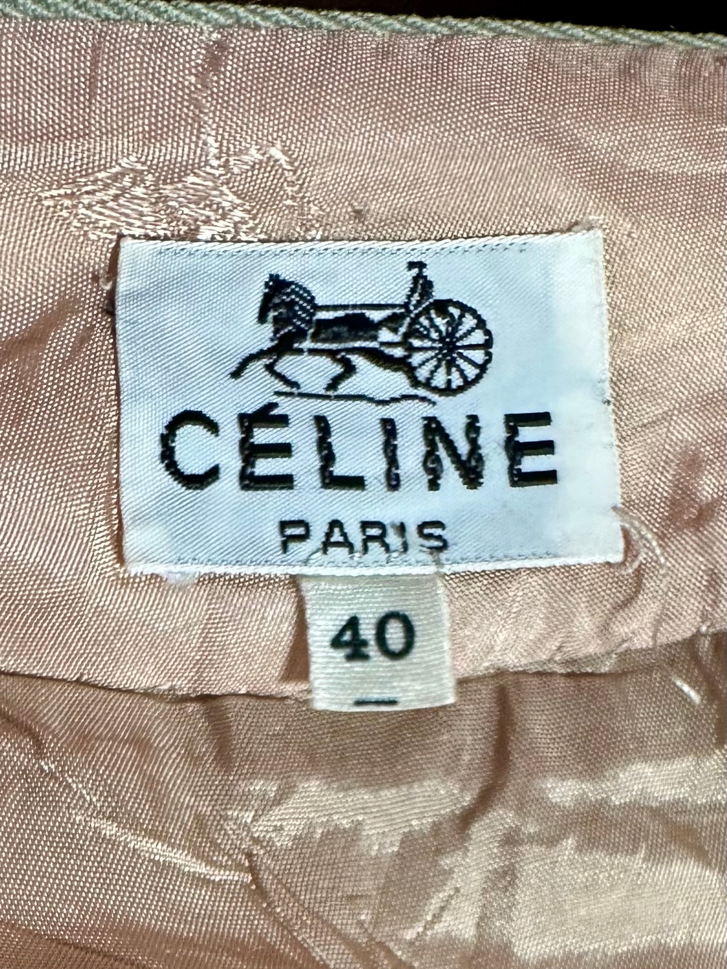 Jupe plissée authentique Céline Paris en laine vert amande avec ceinture chaîne vintage