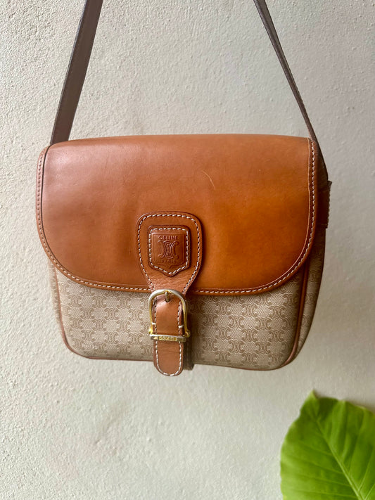 Authentic Céline Macadam Canvas and Camel Leather Shoulder Bag