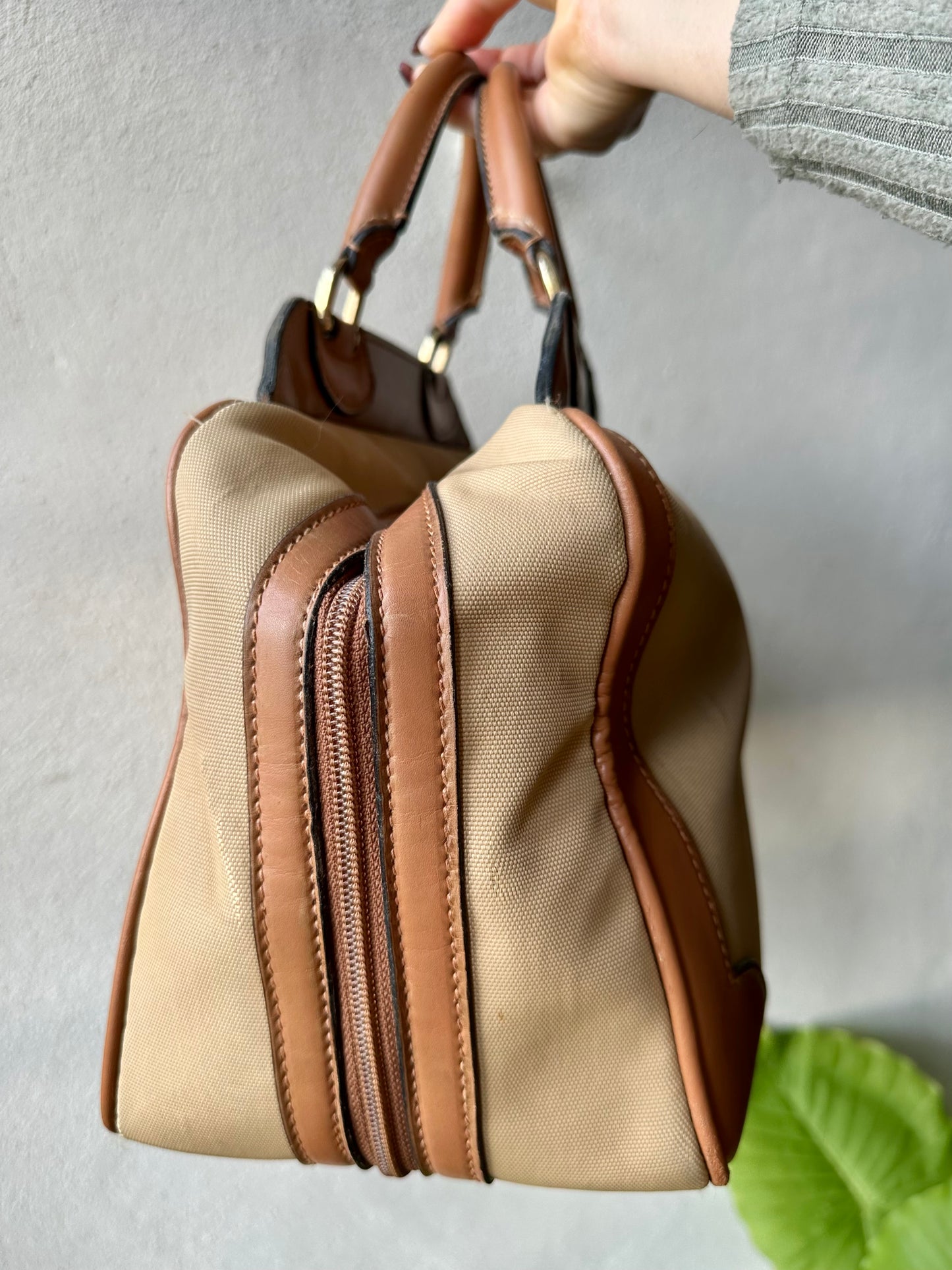 Sac docteur authentique Gucci en toile et cuir beige et camel vintage