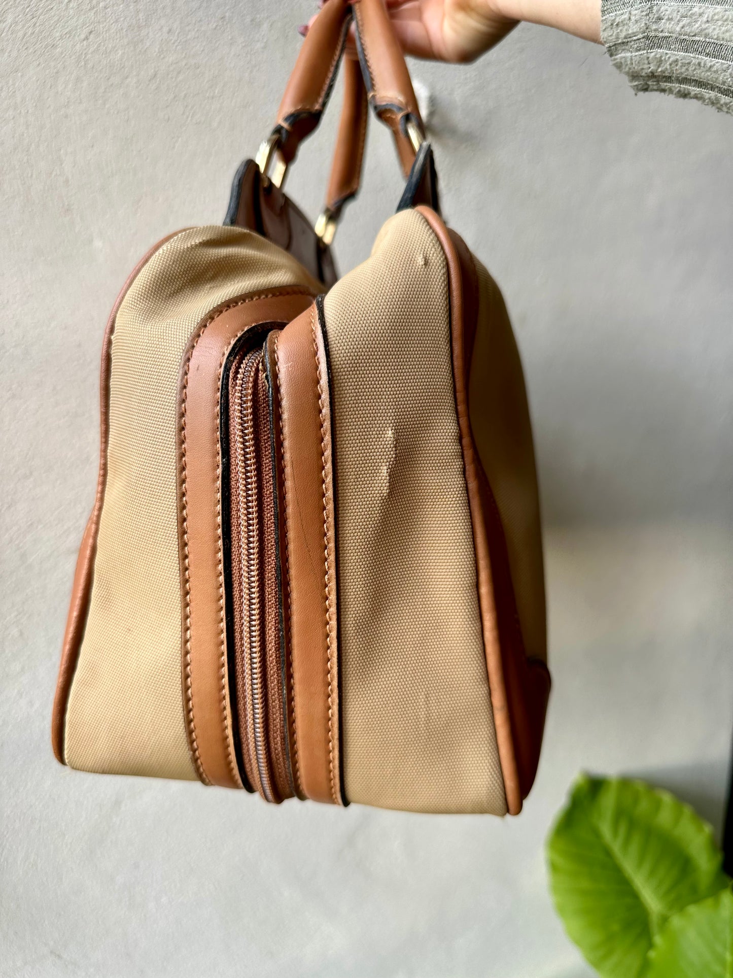 Sac docteur authentique Gucci en toile et cuir beige et camel vintage