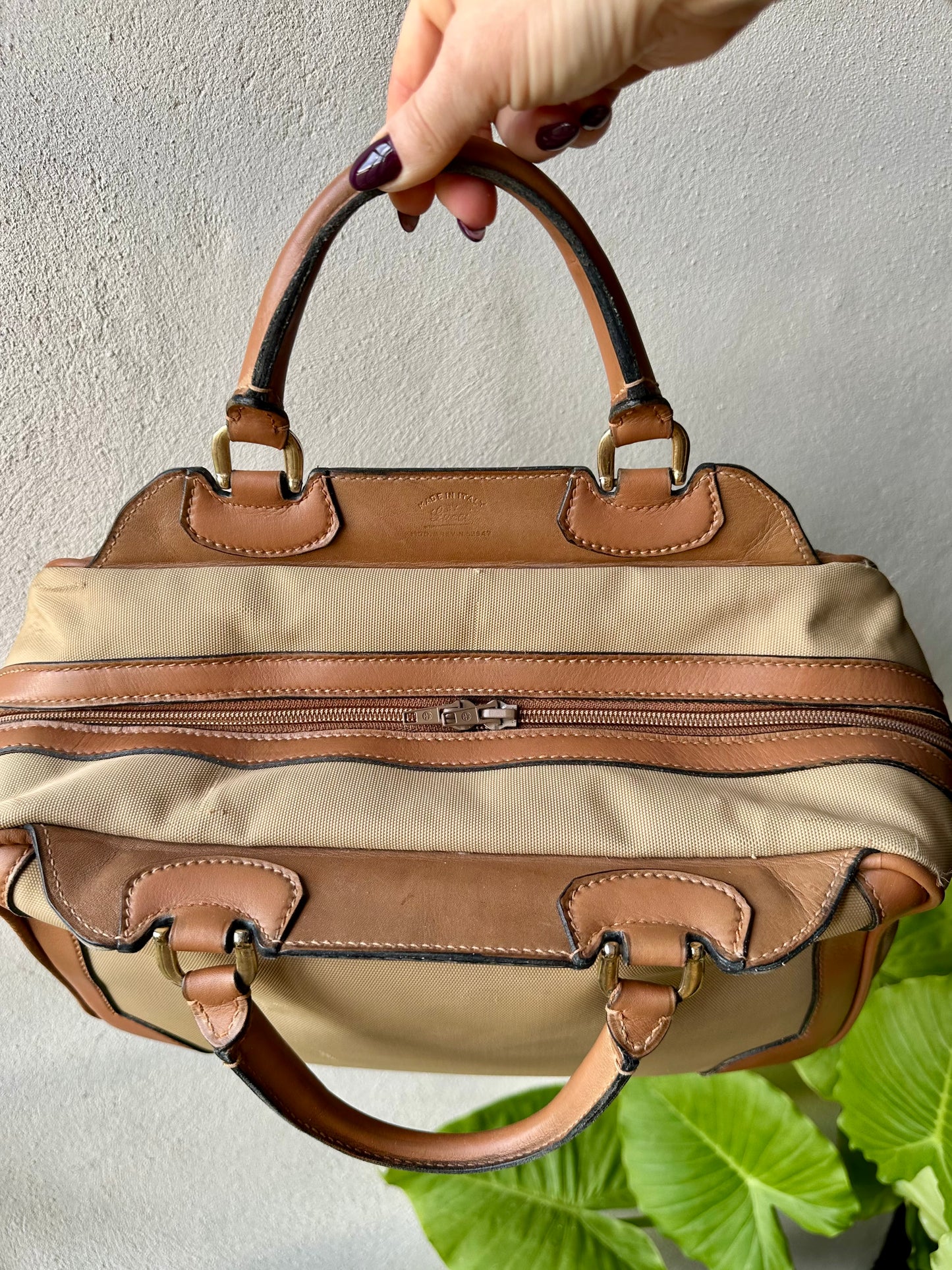 Sac docteur authentique Gucci en toile et cuir beige et camel vintage