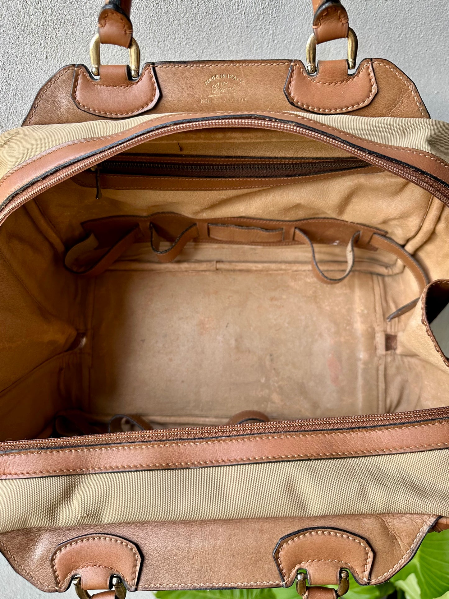 Sac docteur authentique Gucci en toile et cuir beige et camel vintage