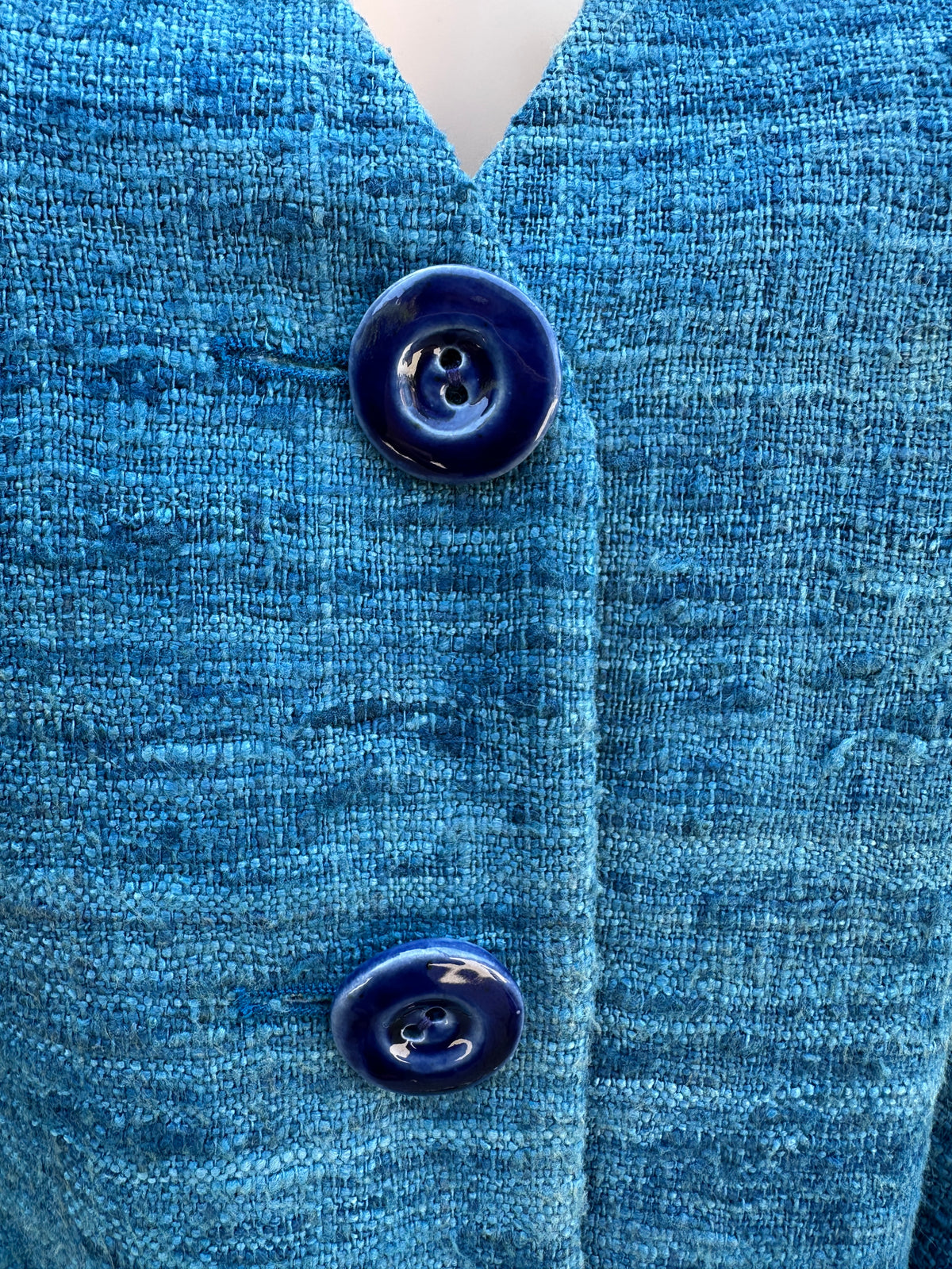 Tailleur Jupe Yves Saint Laurent en Lin Effet Flammé Bleu Vintage Authentique