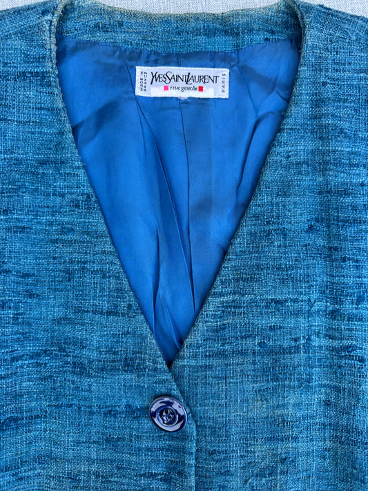 Yves Saint Laurent Vintage Authentic Blue Flamed Linen Skirt Suit
