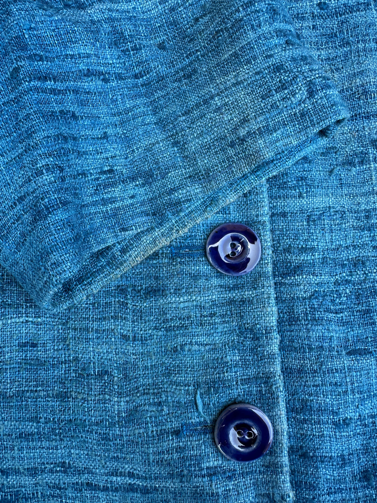 Tailleur Jupe Yves Saint Laurent en Lin Effet Flammé Bleu Vintage Authentique