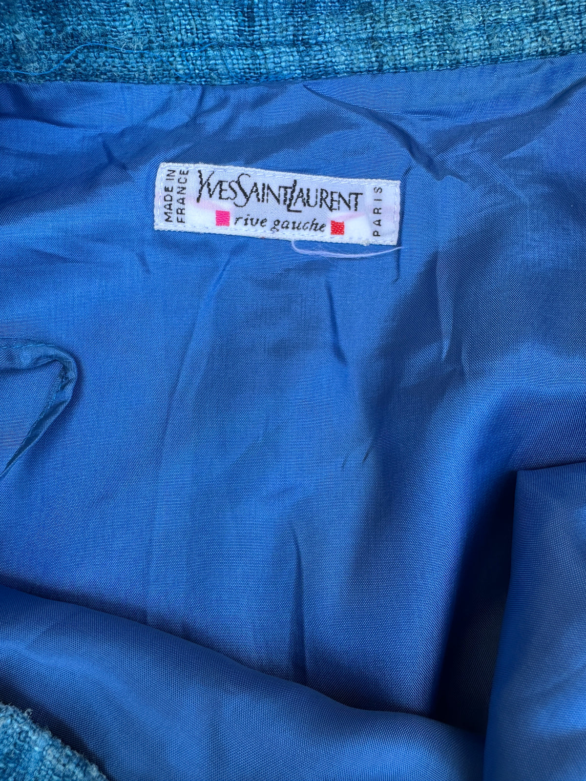 Tailleur Jupe Yves Saint Laurent en Lin Effet Flammé Bleu Vintage Authentique