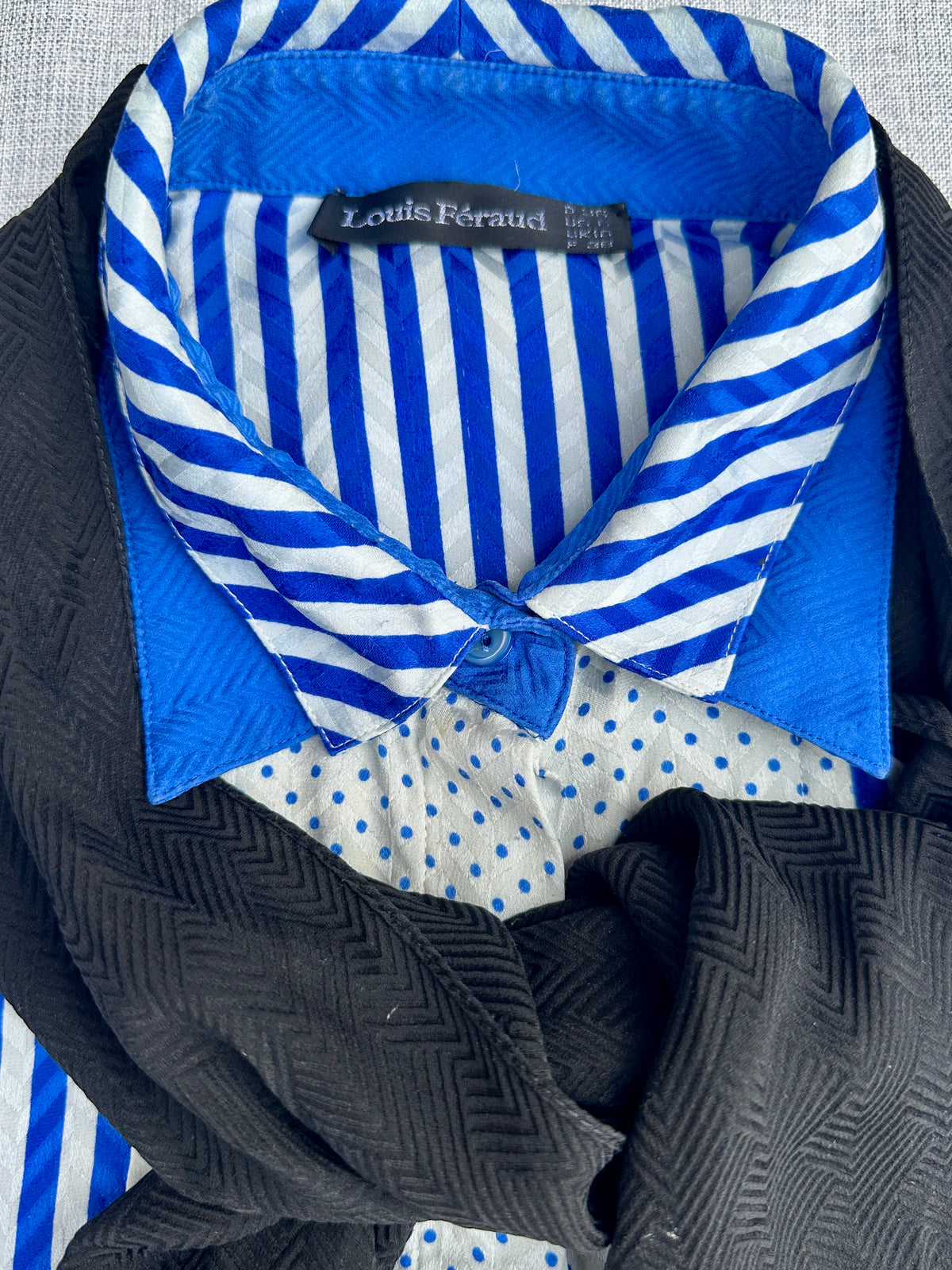 Louis Féraud Blue Striped Silk Blouse with Black Bow Vintage Authentic