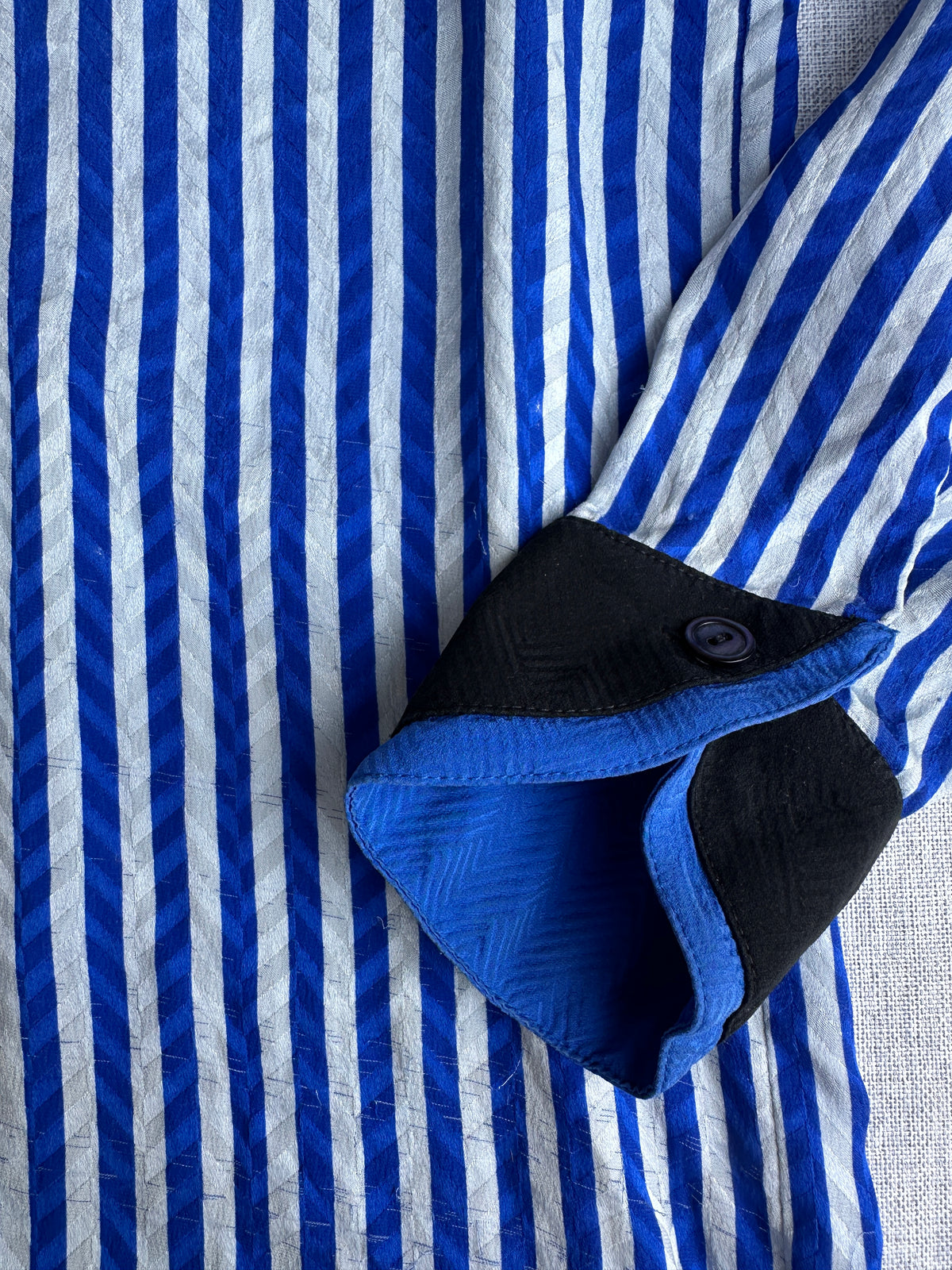 Louis Féraud Blue Striped Silk Blouse with Black Bow Vintage Authentic