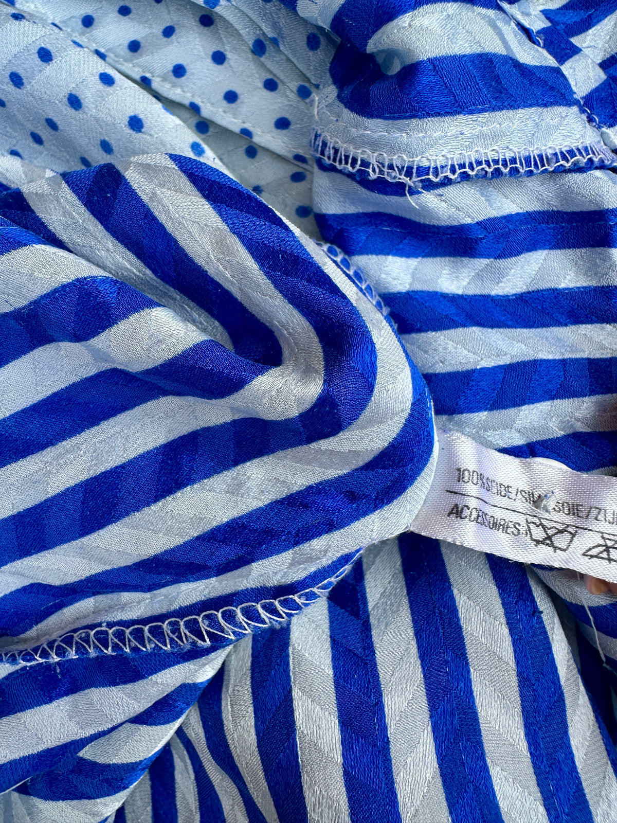 Louis Féraud Blue Striped Silk Blouse with Black Bow Vintage Authentic