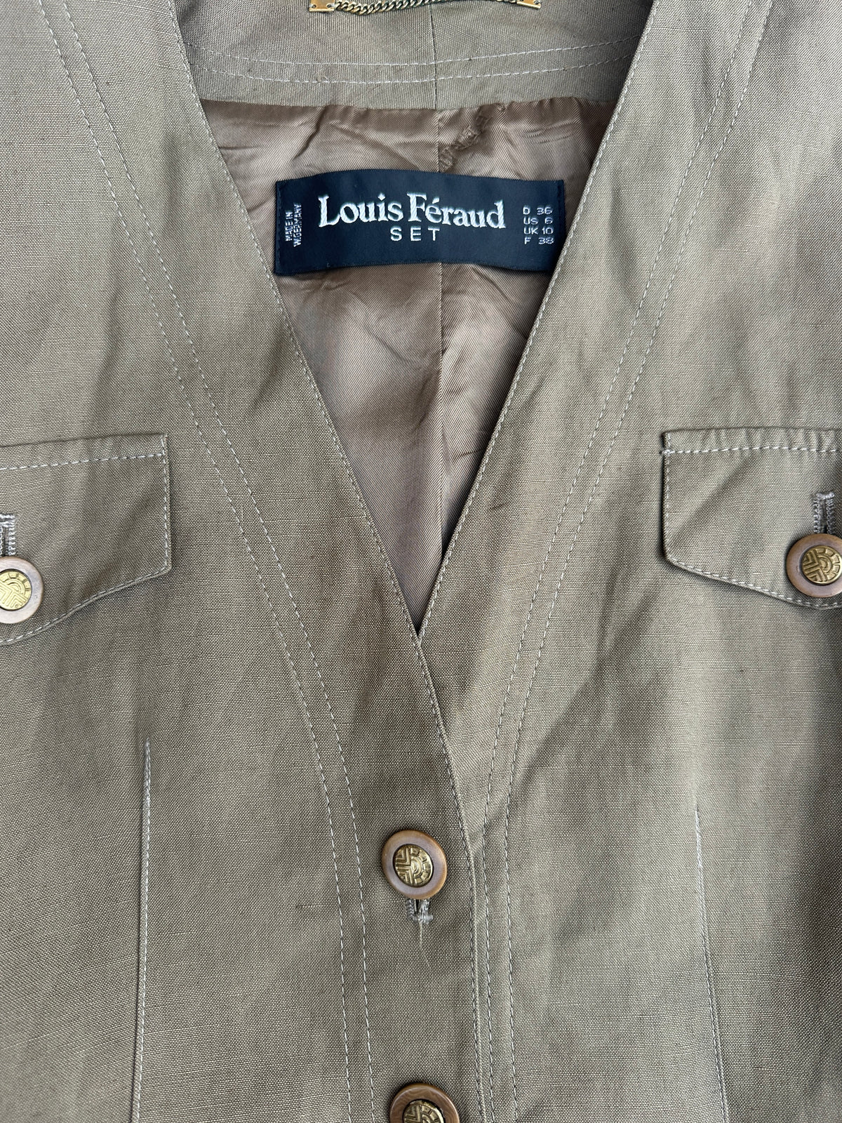Blazer Authentique Vintage en Soie et Lin Khaki Louis Féraud