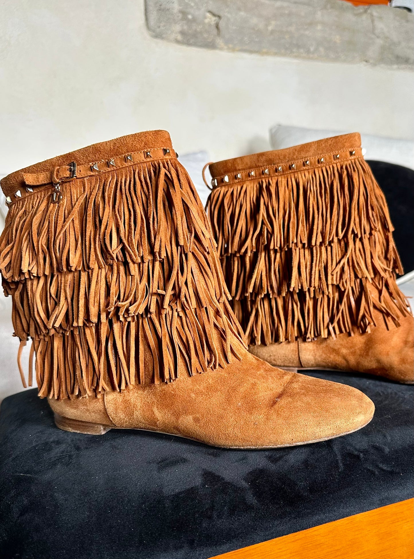 Bottes à franges Christian Dior en daim camel