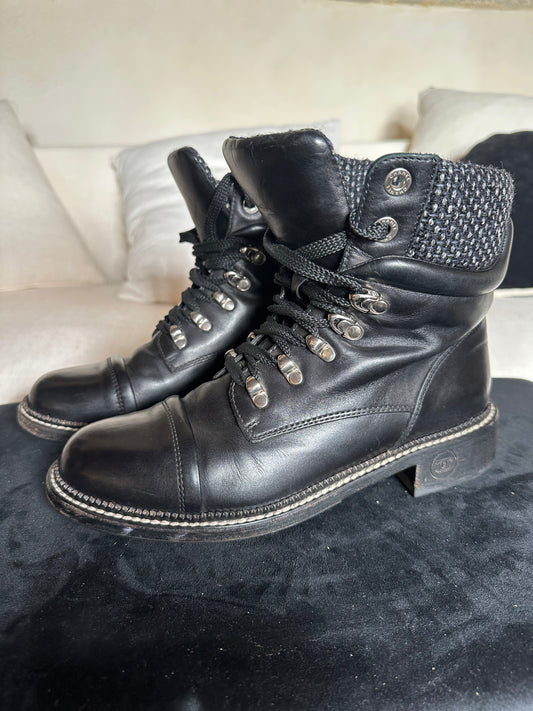Chanel Black Leather Ankle Boots with Tweed Detail