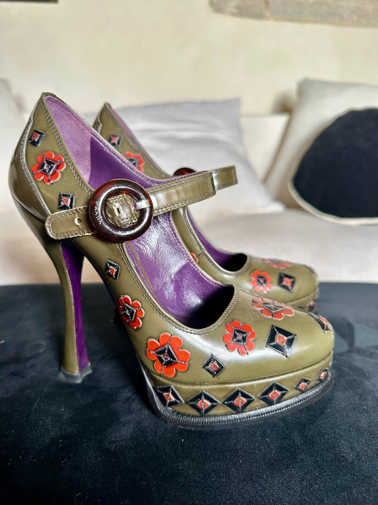 Prada High Heeled Platform Shoes in Khaki Leather with Embroidery