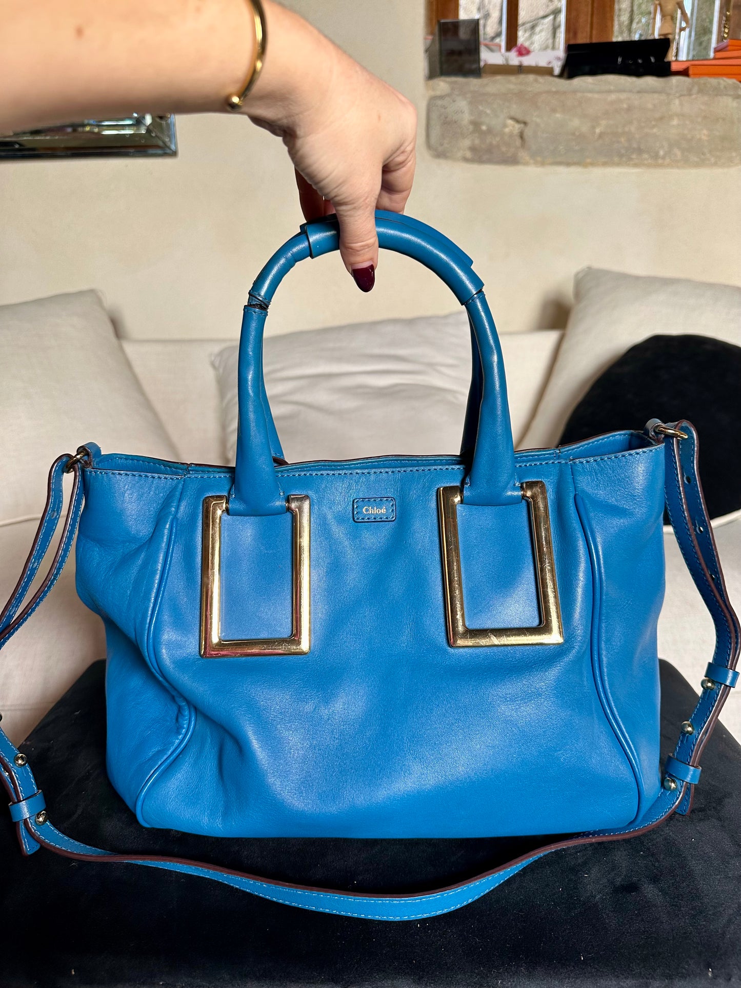 Sac Chloé Ethel authentique en cuir d’agneau bleu – grand format
