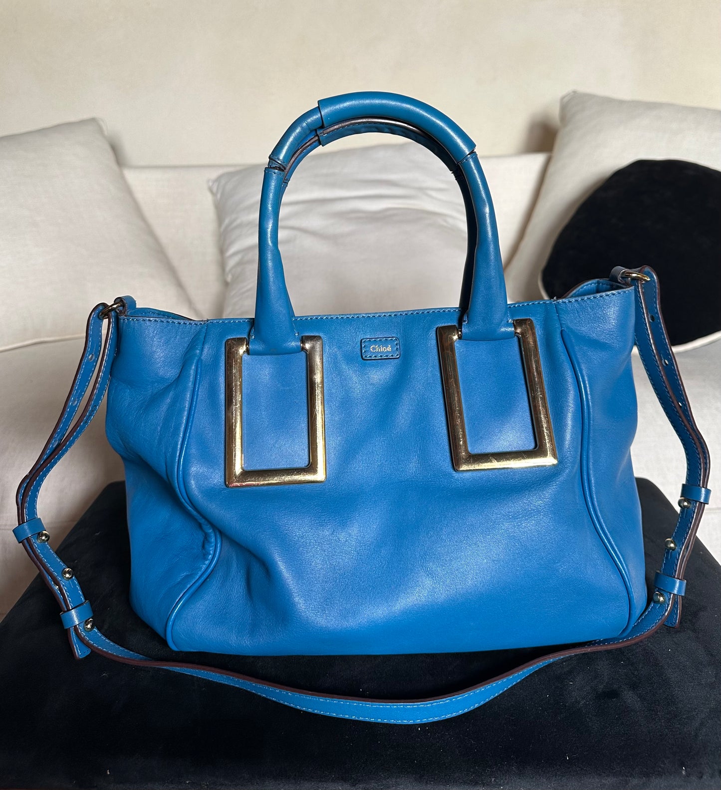 Sac Chloé Ethel authentique en cuir d’agneau bleu – grand format