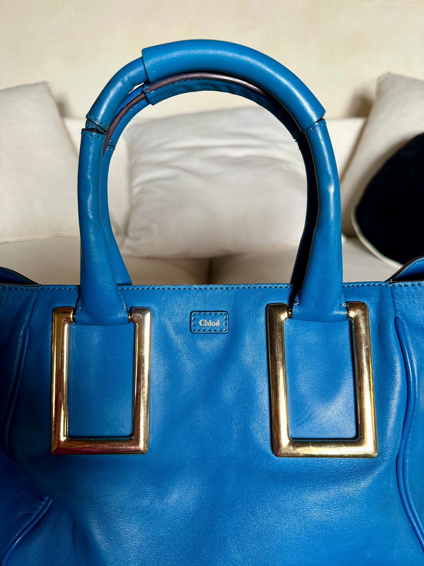 Sac Chloé Ethel authentique en cuir d’agneau bleu – grand format