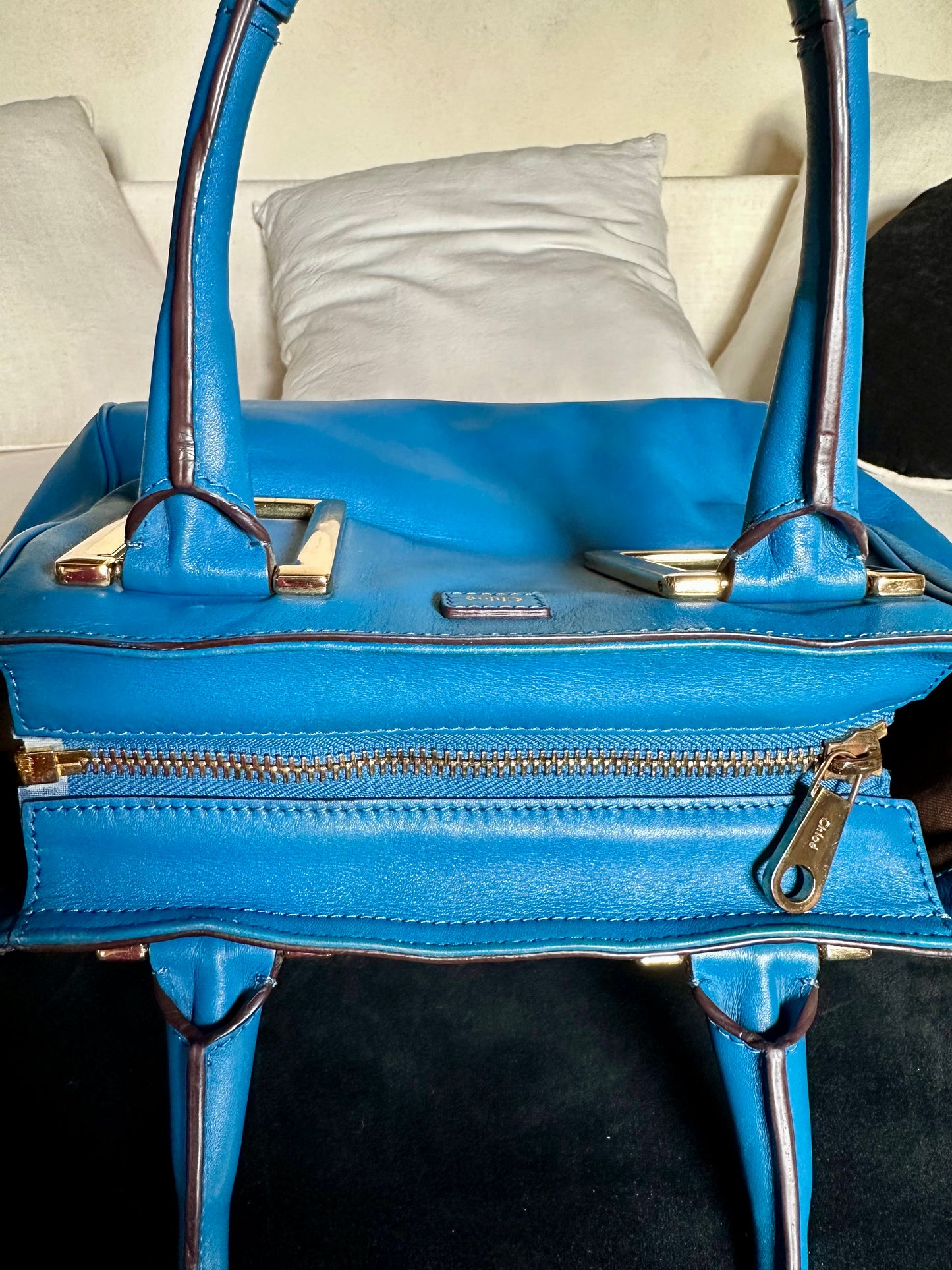 Sac Chloé Ethel authentique en cuir d’agneau bleu – grand format