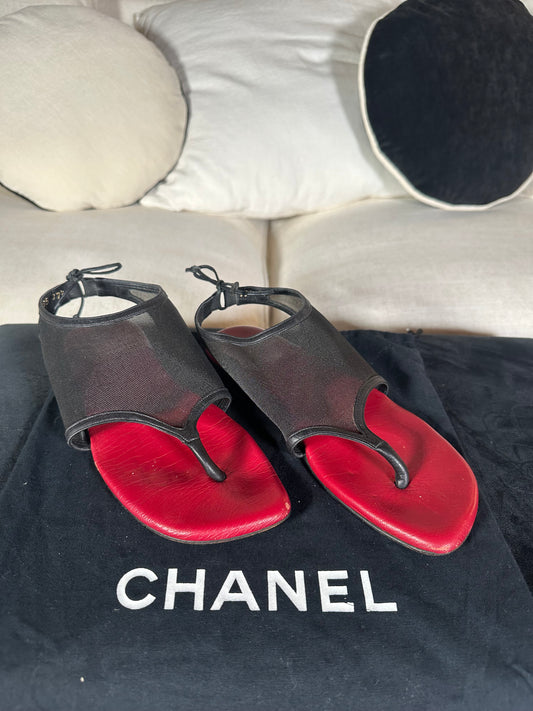 Chanel black mesh and red leather thong sandals authentic