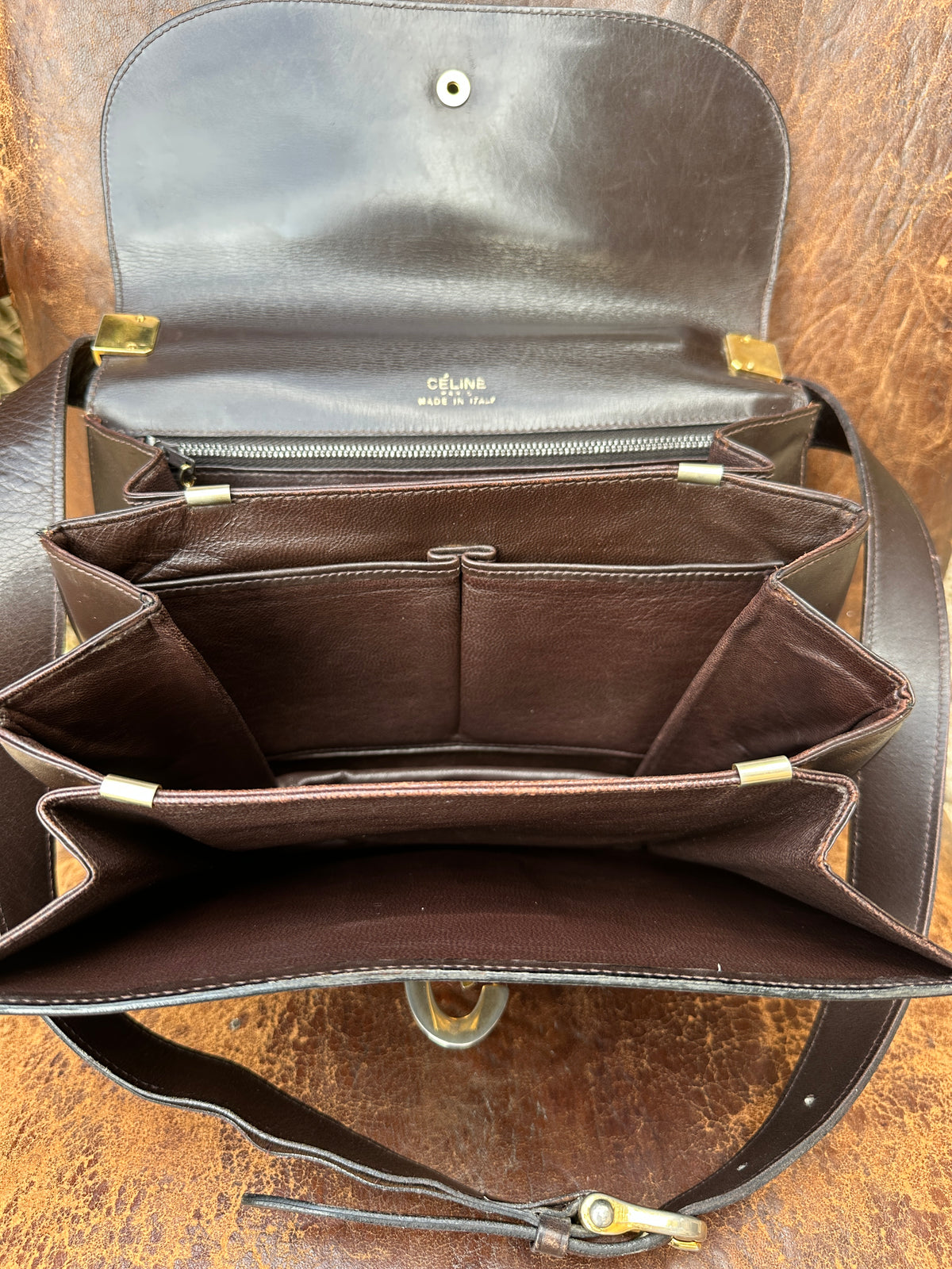 Sac en cuir marron Céline Horse Carriage / Sulky Box Vintage des années 1970