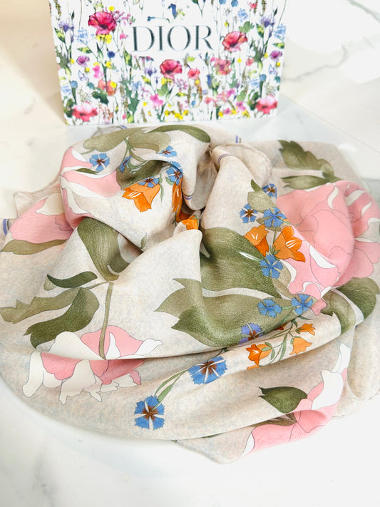 Christian Dior Vintage Authentic Floral Pattern Silk Crepe Scarf