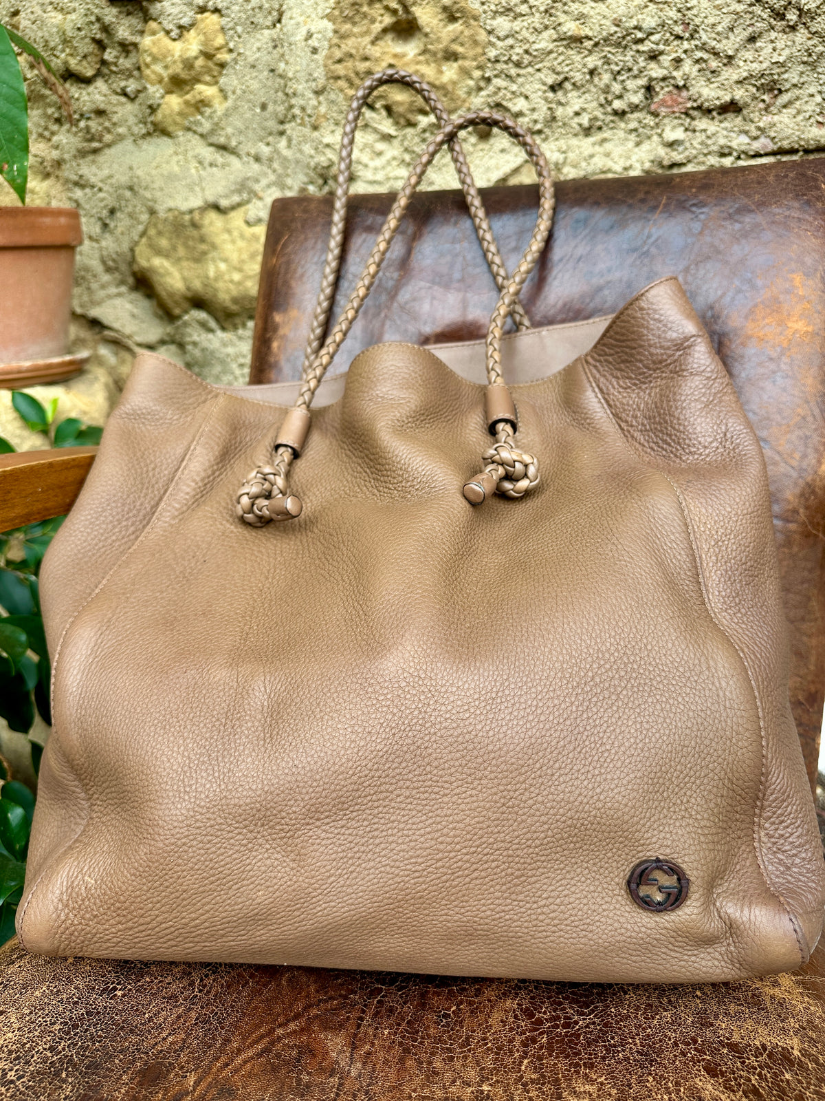 Sac cabas Gucci vintage en cuir d'agneau marron taupe authentique