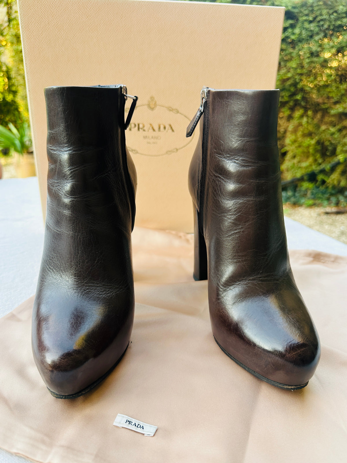 Brown Leather Heeled Ankle Boots Prada with Authentic Box and Pouch