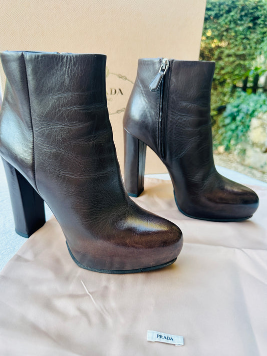 Brown Leather Heeled Ankle Boots Prada with Authentic Box and Pouch
