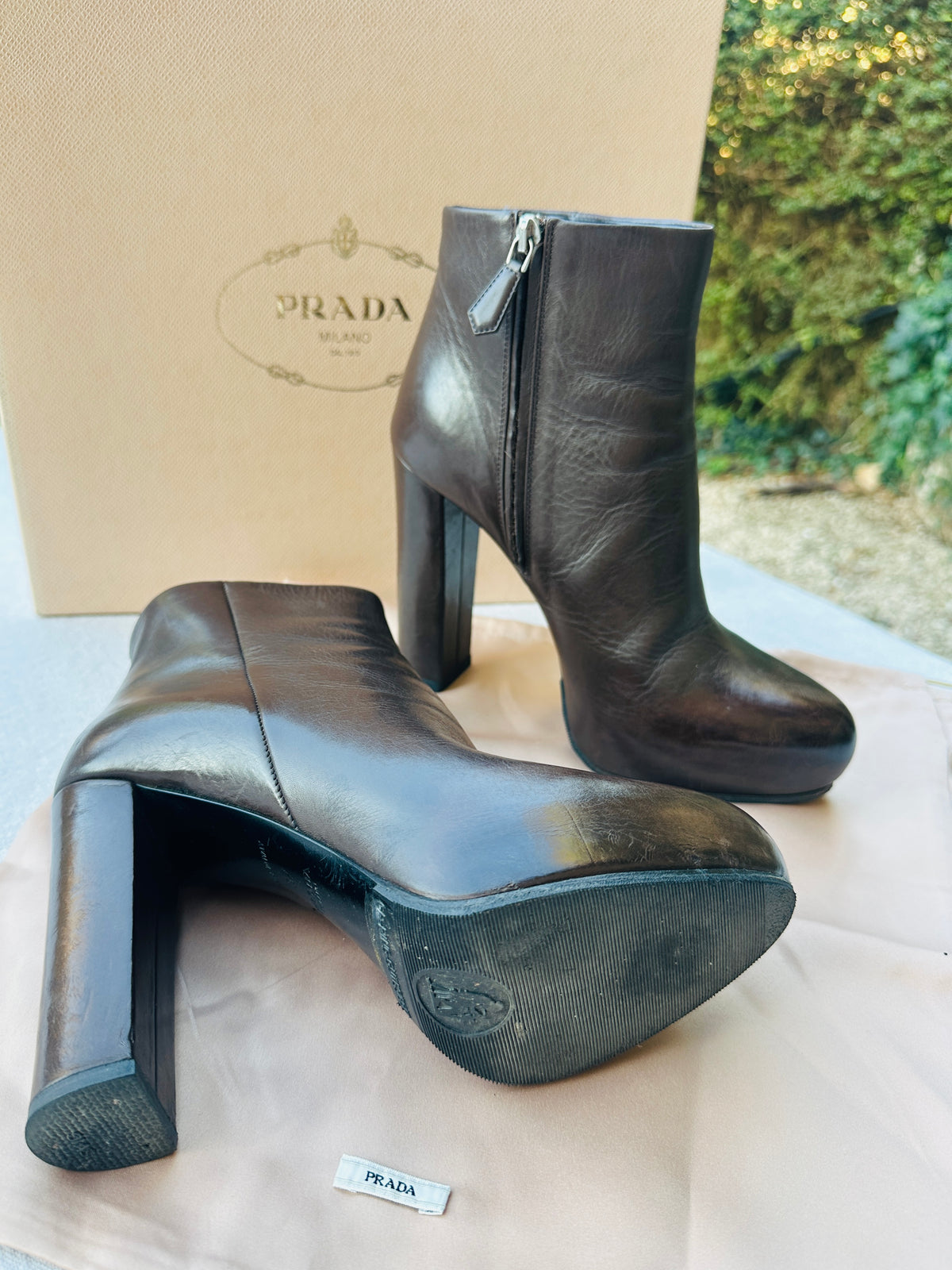 Brown Leather Heeled Ankle Boots Prada with Authentic Box and Pouch