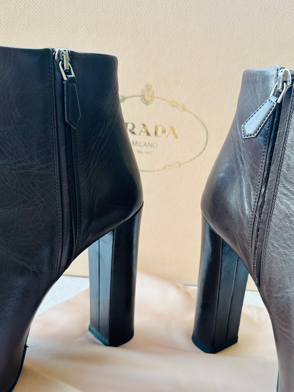 Brown Leather Heeled Ankle Boots Prada with Authentic Box and Pouch