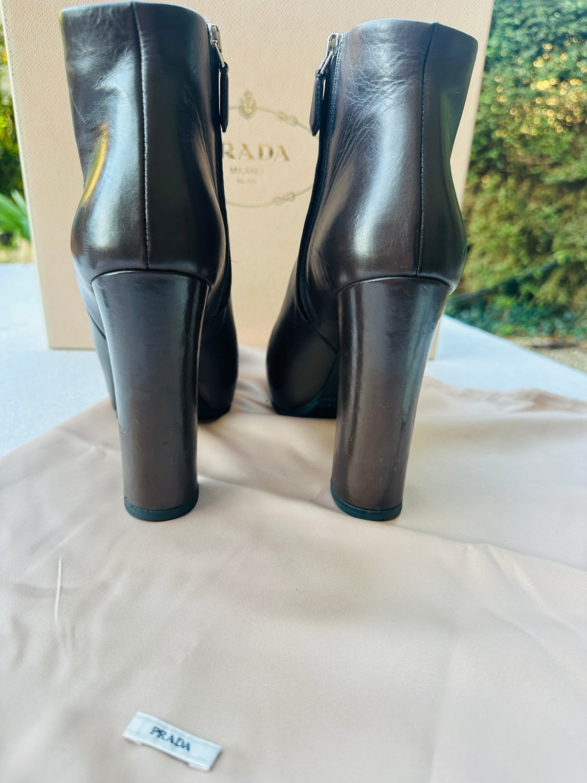 Brown Leather Heeled Ankle Boots Prada with Authentic Box and Pouch