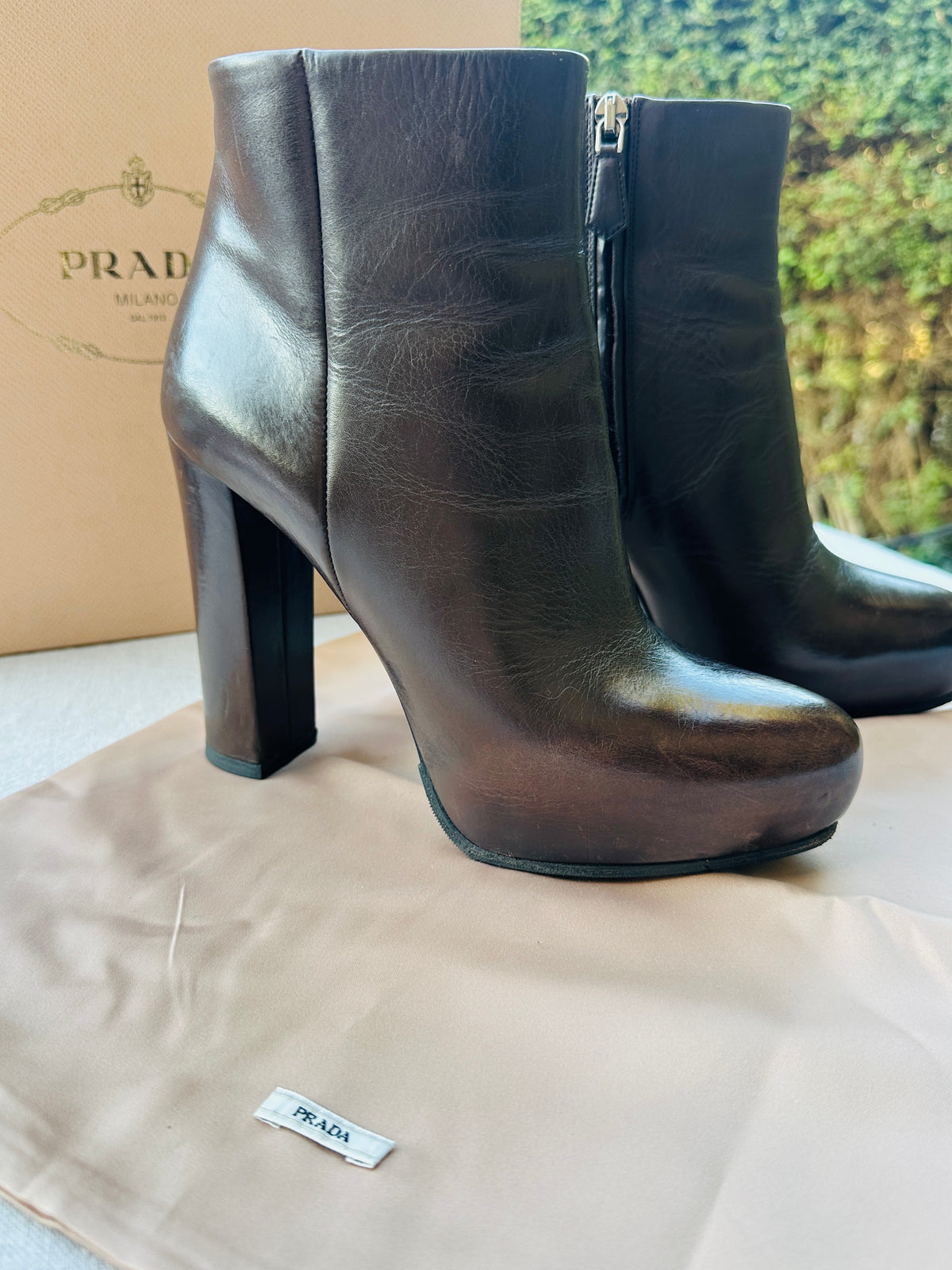 Brown Leather Heeled Ankle Boots Prada with Authentic Box and Pouch