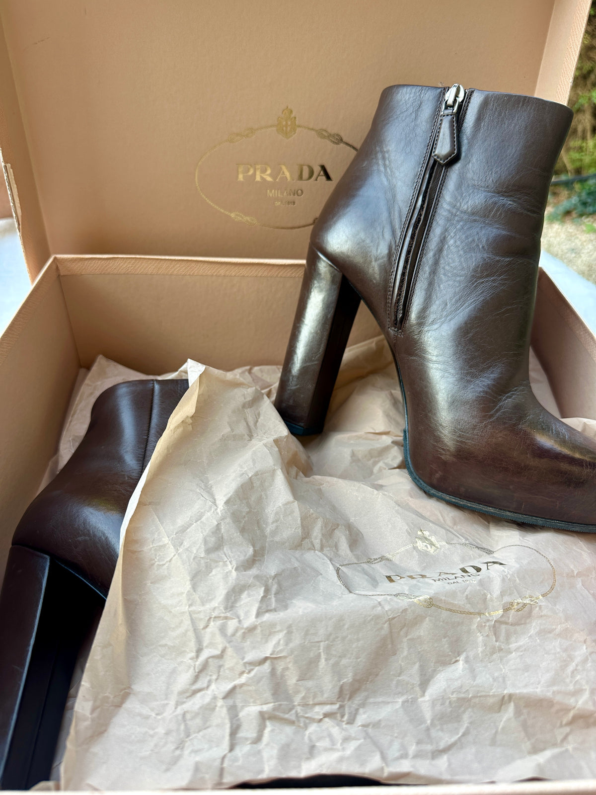 Brown Leather Heeled Ankle Boots Prada with Authentic Box and Pouch