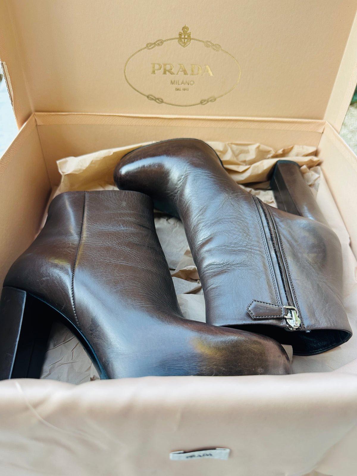 Brown Leather Heeled Ankle Boots Prada with Authentic Box and Pouch