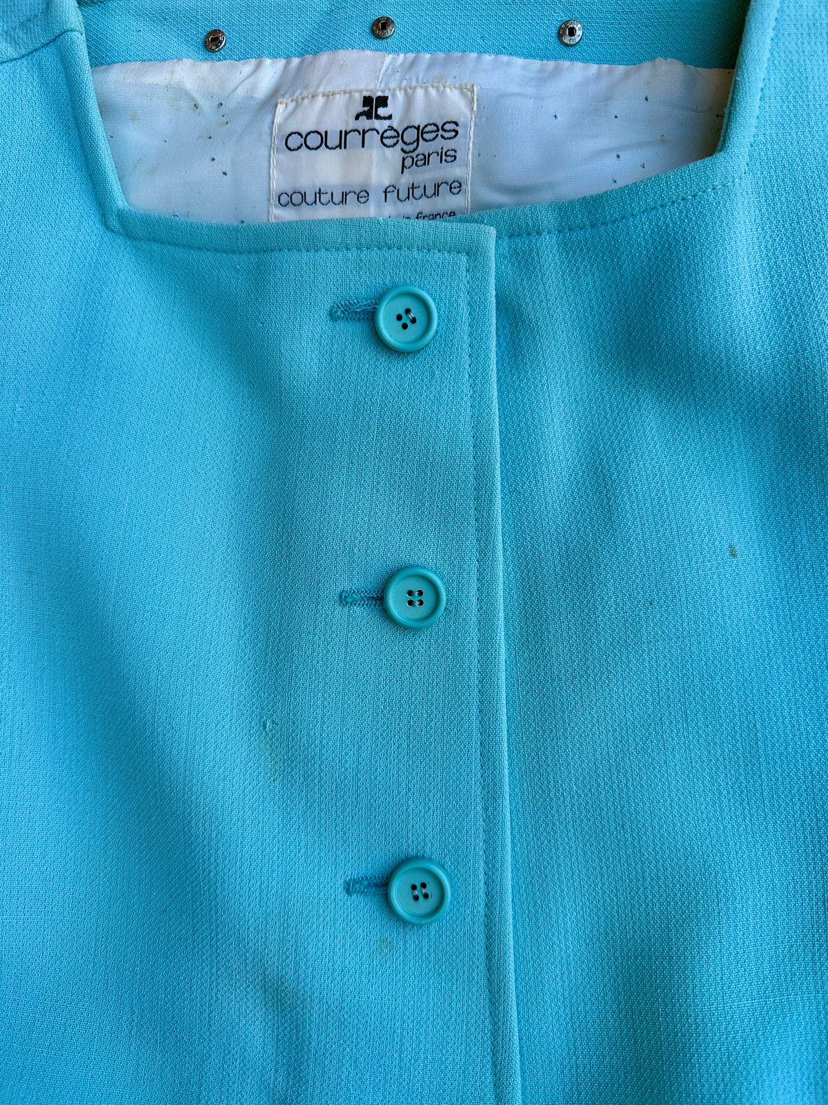 Manteau Courrèges en laine turquoise vintage authentique
