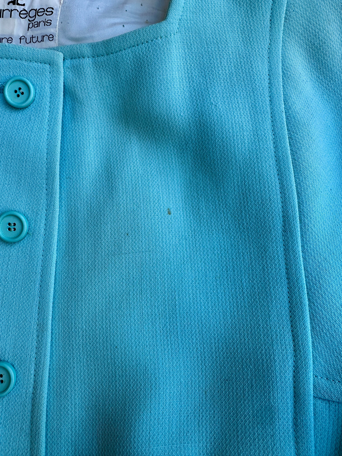 Manteau Courrèges en laine turquoise vintage authentique
