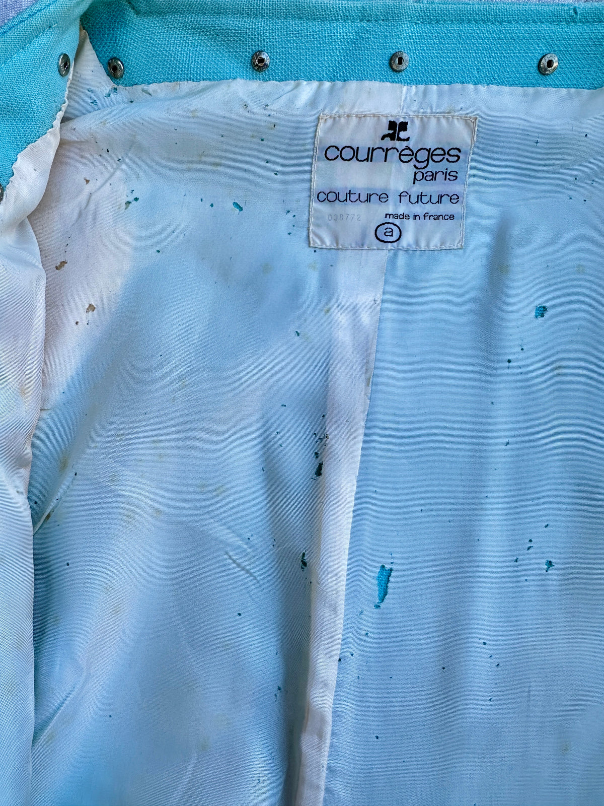 Manteau Courrèges en laine turquoise vintage authentique