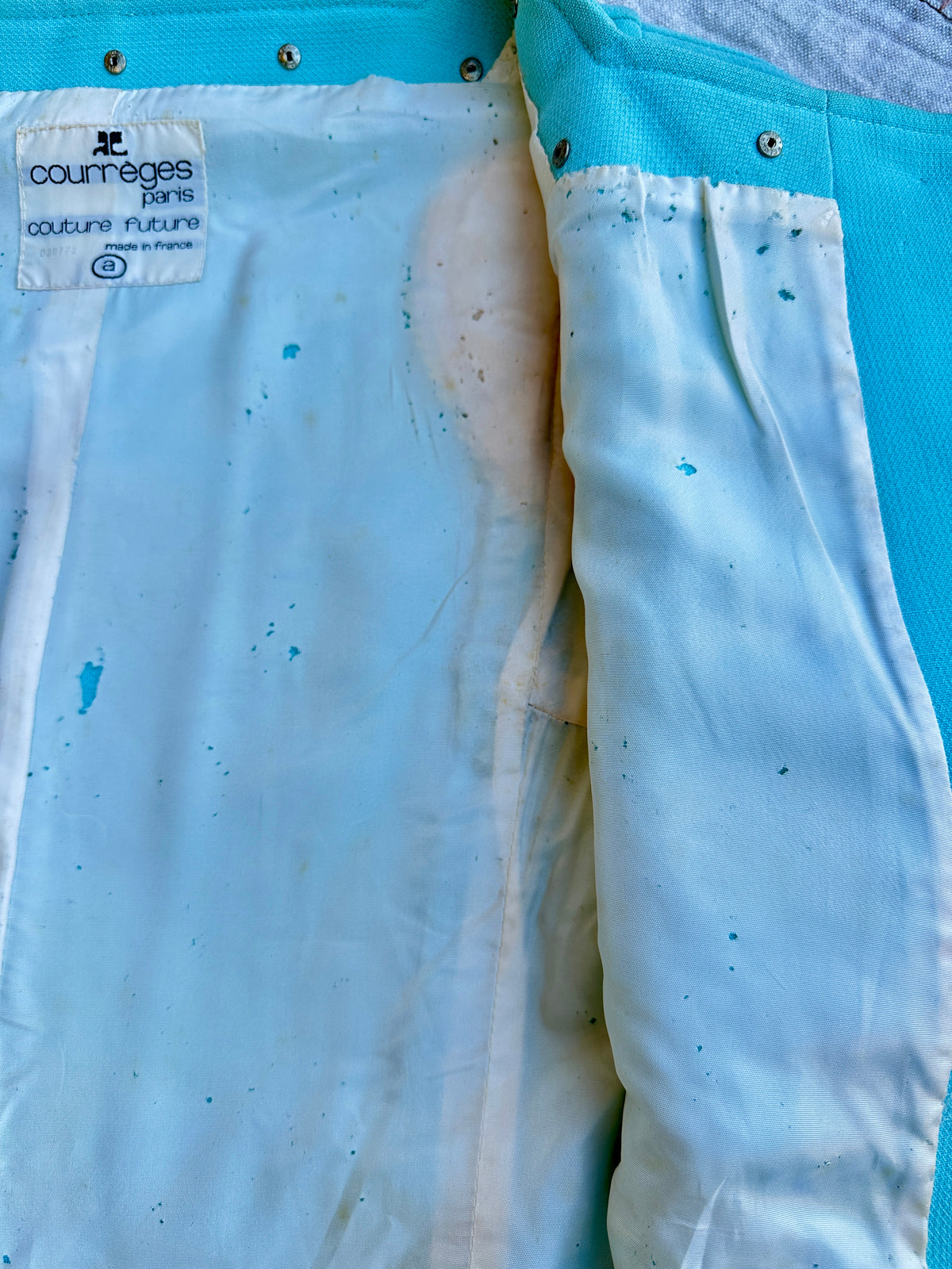 Manteau Courrèges en laine turquoise vintage authentique