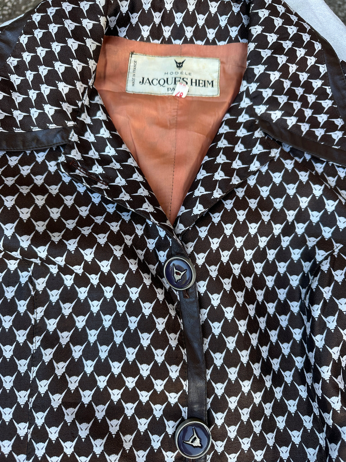 Trench Jacques Heim en viscose marron et blanc vintage authentique circa 70s