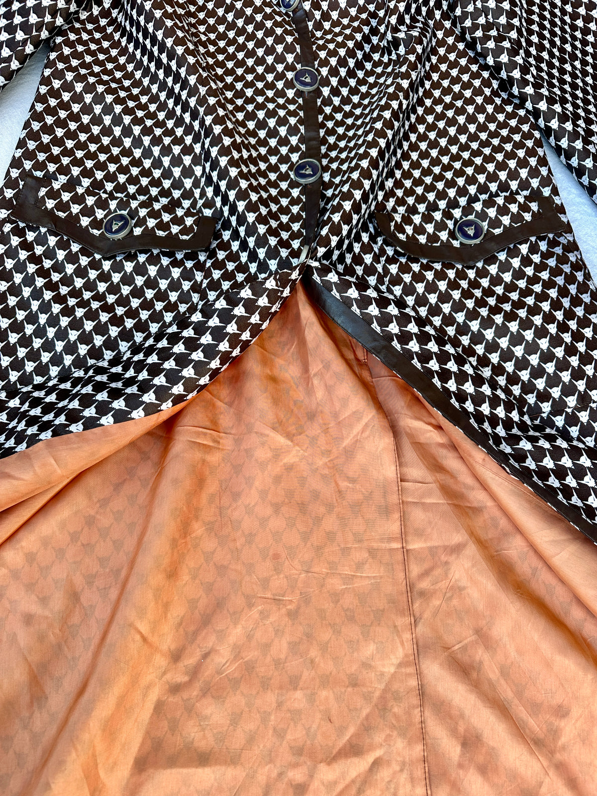 Trench Jacques Heim en viscose marron et blanc vintage authentique circa 70s