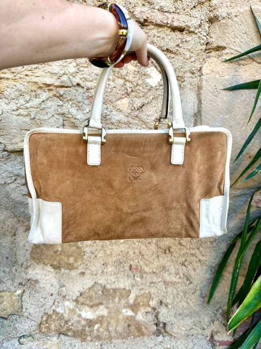 Iconic Loewe Amazona Vintage Camel Suede and Ivory Leather Bag