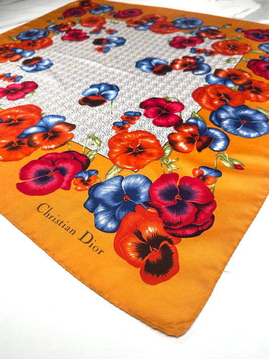 Carré en soie Christian Dior orange motif floral coquelicots vintage authentique