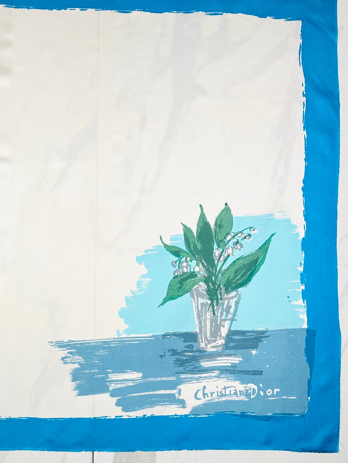 Carré soie Christian Dior ivoire bleu motif peinture artistique vase floral vintage authentique
