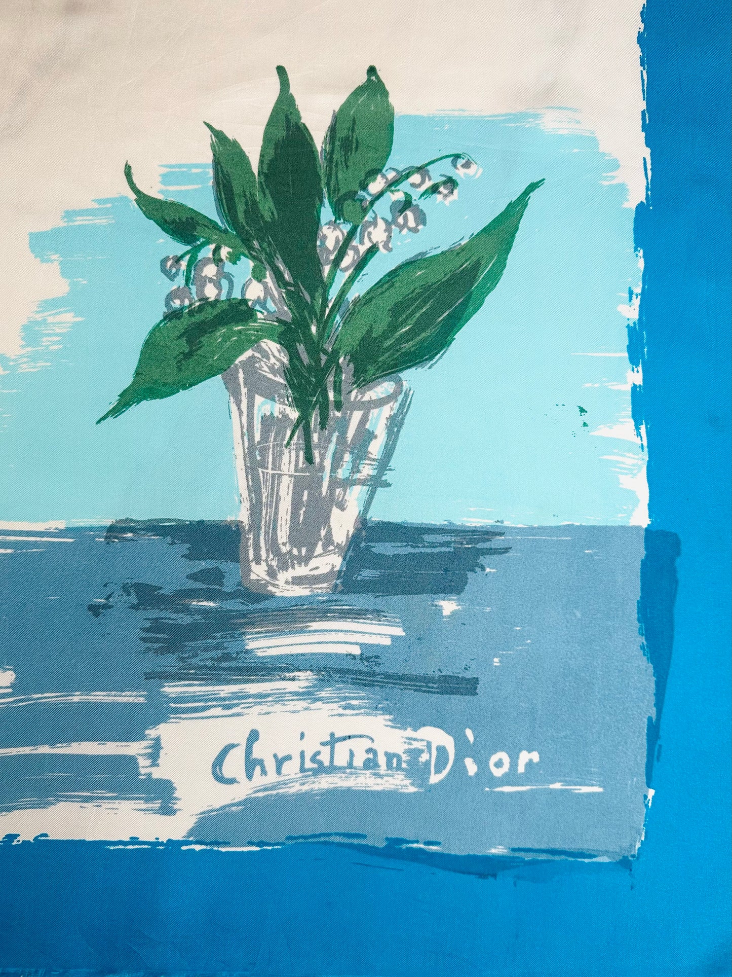 Carré soie Christian Dior ivoire bleu motif peinture artistique vase floral vintage authentique